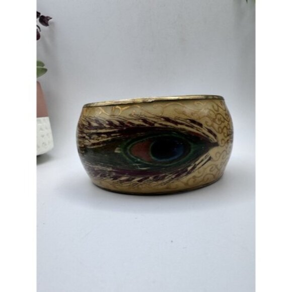 8” Hand Painted Silver on Ivory Brass Chunky Bangle Bracelet Peacock Feather - Picture 8 of 12